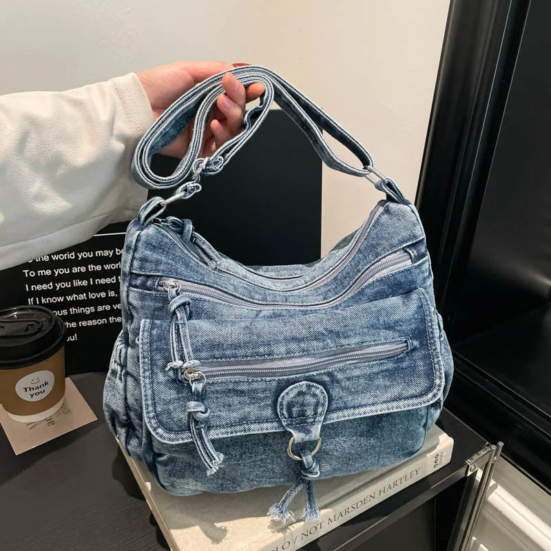 

Женская сумка большой вместимости с множеством карманов на молнии, холщовая сумка-мессенджер, повседневная женская сумка через плечо, джинсовая сумка-кроссбоди для путешествий