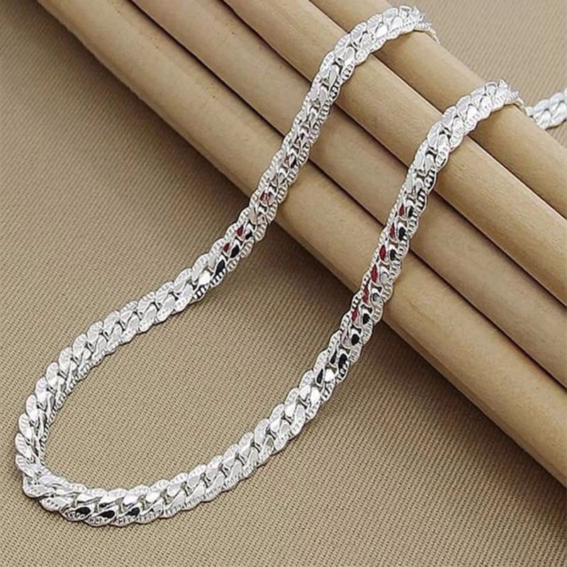 

925 Sterling Silver 6mm Side Chain 8/16/18/20/22/24 Inch Necklace For Woman Men Fashion Wedding Engagement Jewelry Gift