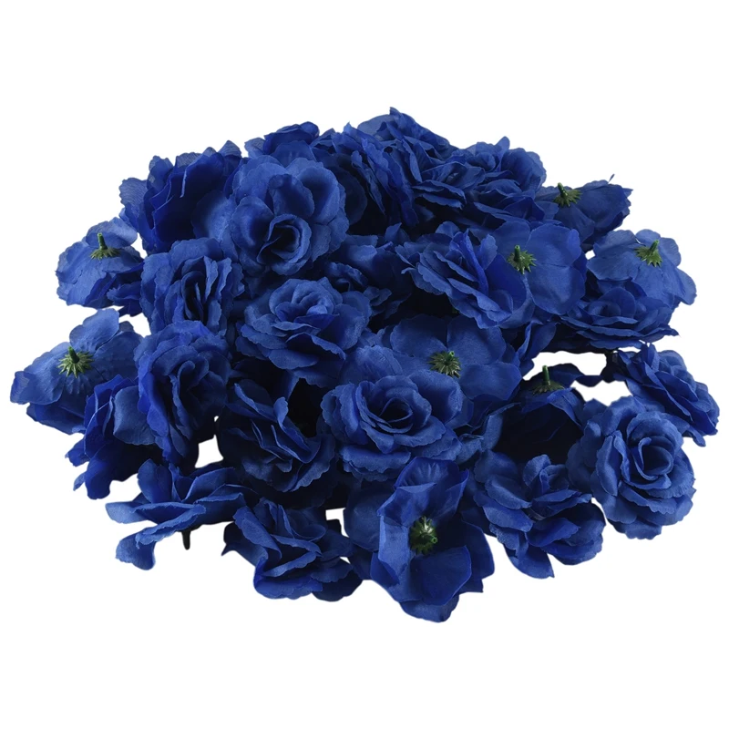 Silk Rose Flower Heads,50Pcs for Hat Clothes Album Decoration, Wedding Decoration (Dark Blue)