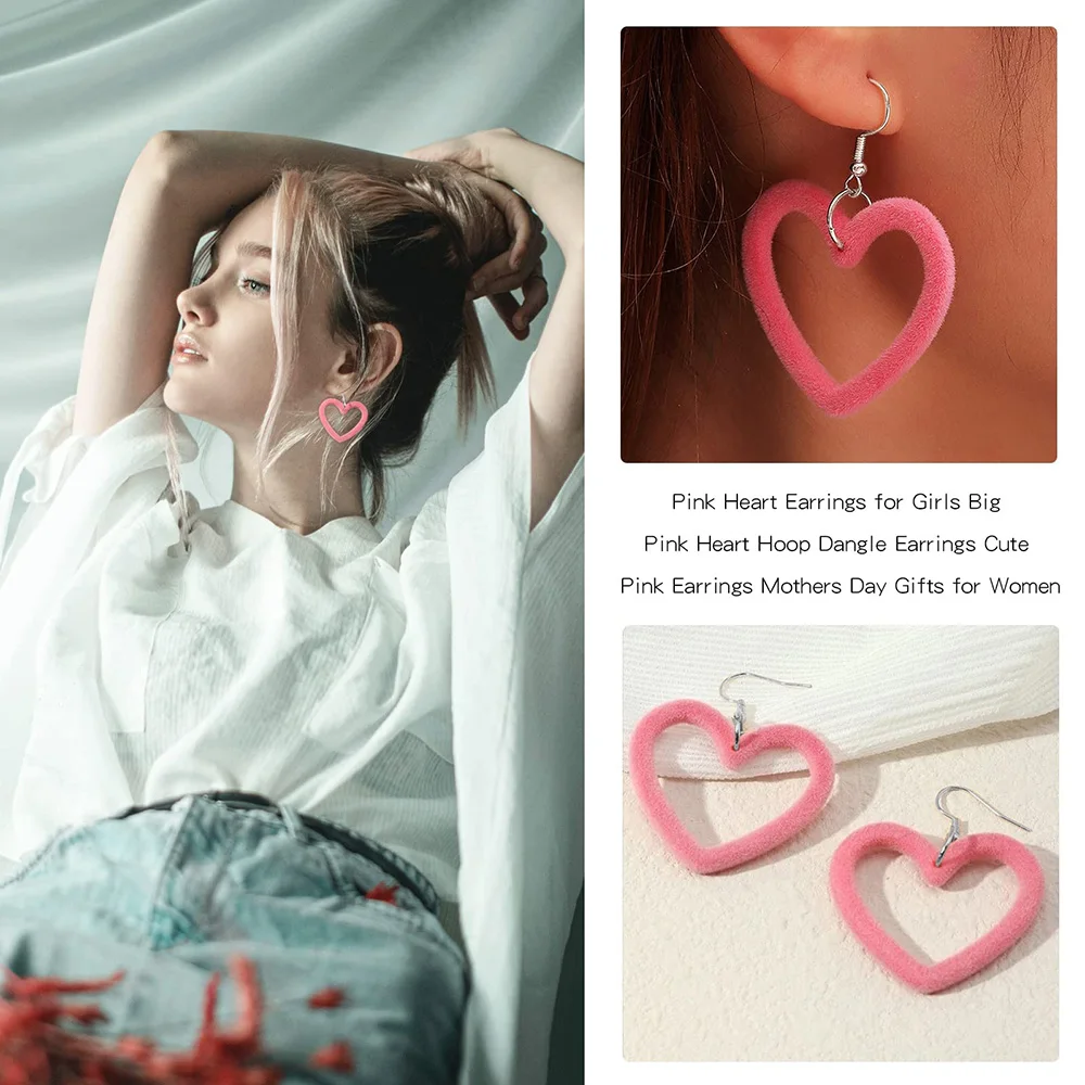 Pink Heart Earrings for Girls Big Heart Hoop Dangle Earrings Pink Earrings Mothers Day Gifts for Women