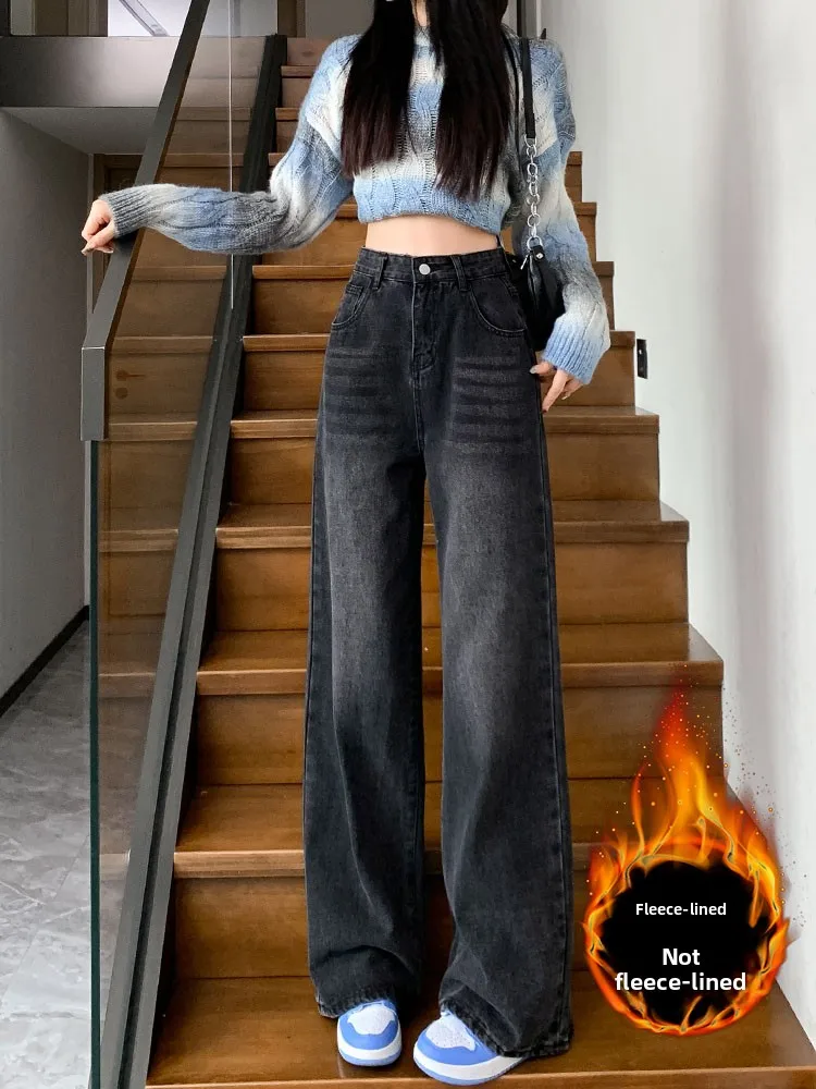 

High Waist Wide Leg Fce Lined Thi Winter Denim Jeans Slim Fit Loose Straight Floor Length Pants for Women Casual Sle