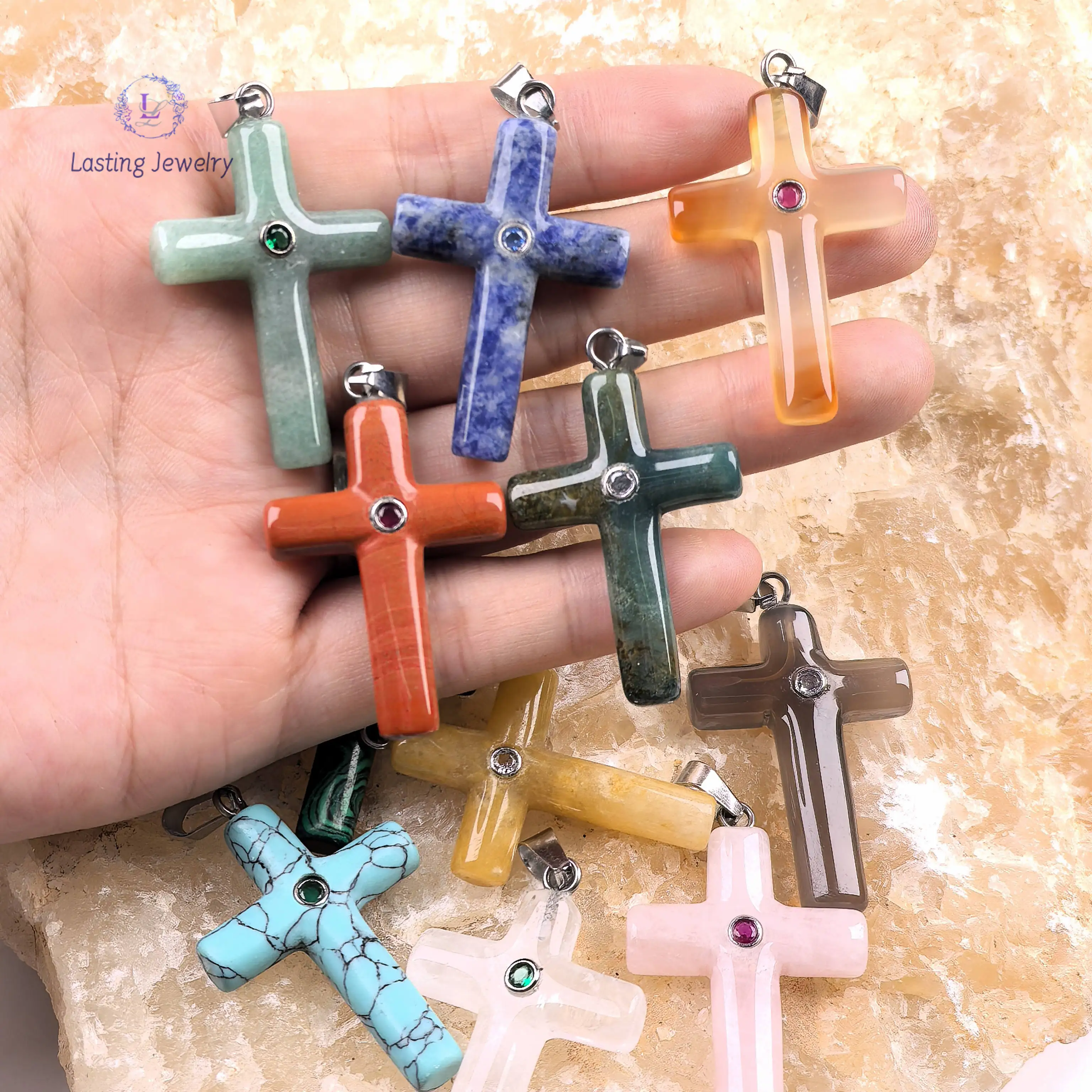 Natural Stone Crystal Cross With Inlaid Zircon Charms,28x40mm Rose Quartz Aventurine Agate Pendants For Necklace Jewelry Making