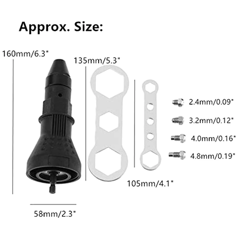 AB09-Rivetto per trapano a batteria elettrico, kit di utensili per trapano elettrico Adattatore per rivettatrice Inserto per dado Accessori per elettroutensili manuali (Nero)