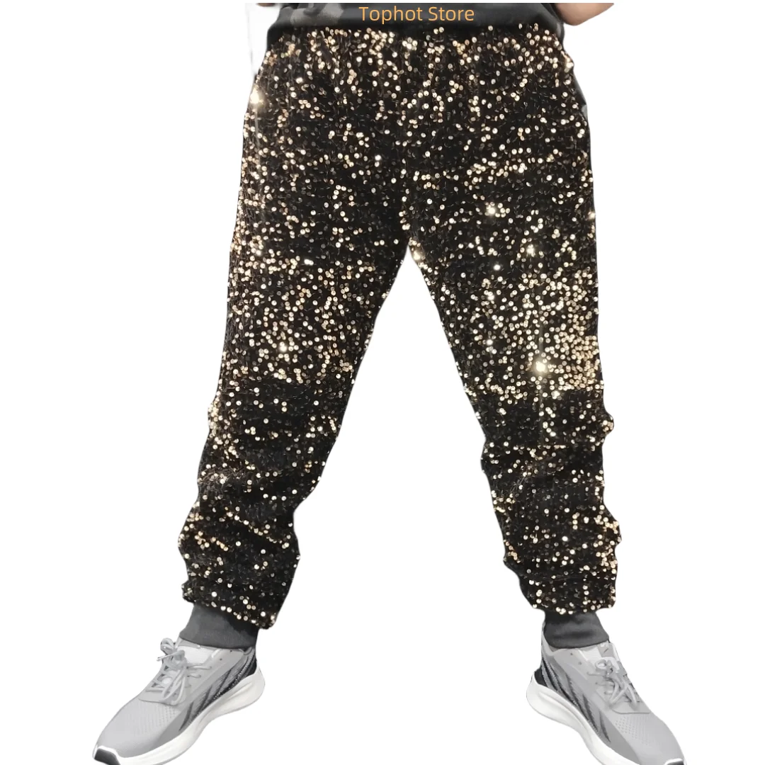 Men Bar Nightclub Sequins Pants Silver Blue Double Sided Flip Loose Casual Trousers Dancer Team Hip Hop Party Dance Costume