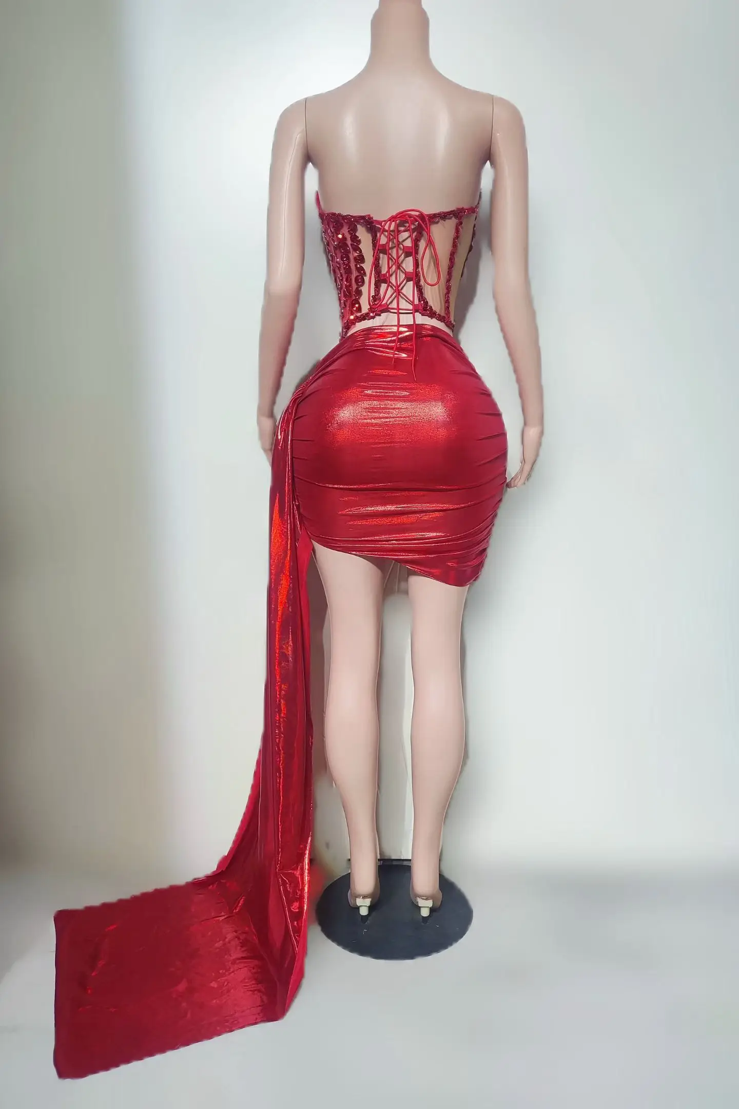 

Sparkly Rhinestone Strapless Crop Tops Mini Skirt 2Pieces Set Showgirl Drag Queen Show Wear Club Dance Red Outfit Feicuihong