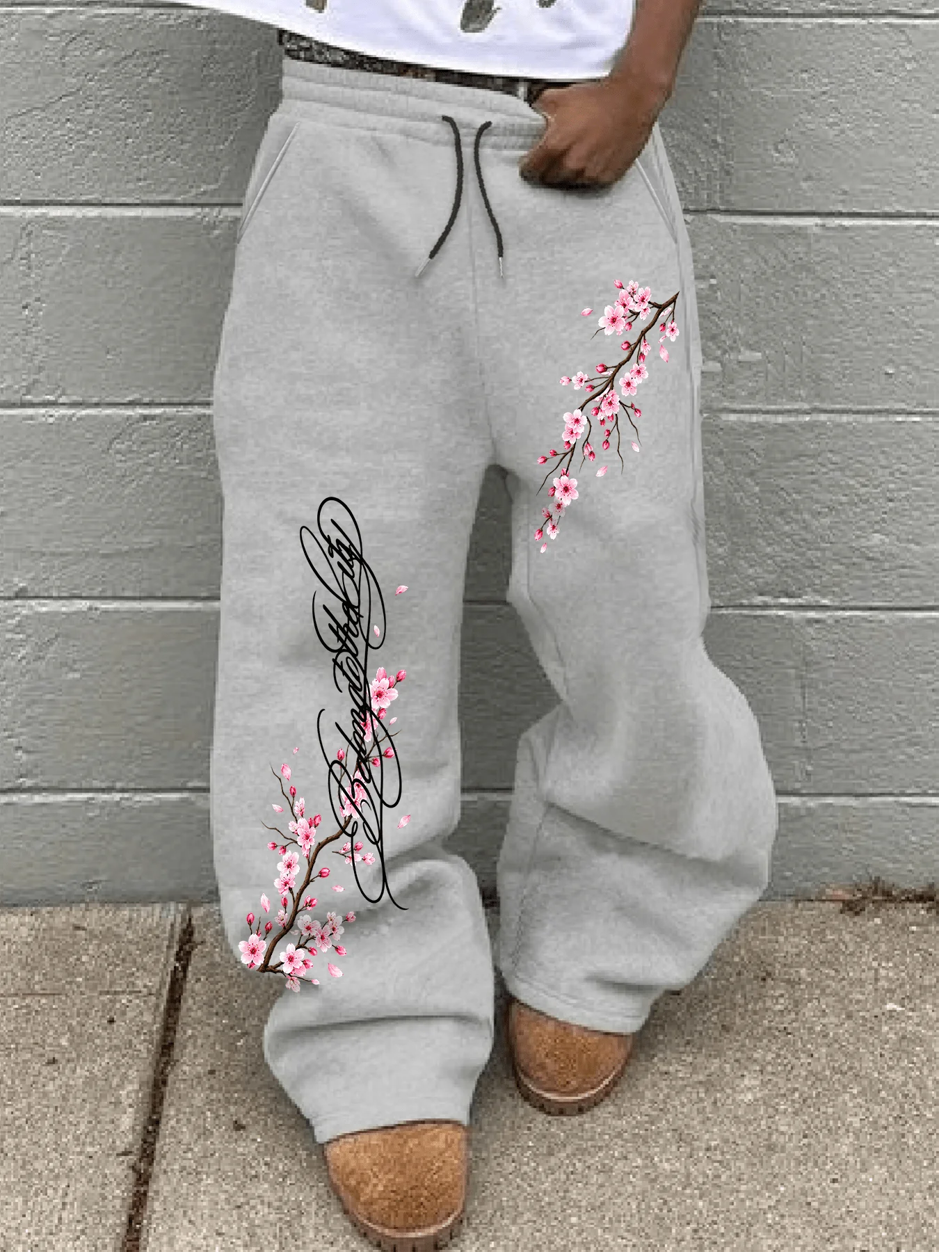 2026 New Men Baggy Wide Leg Sweatpants Cherry Blossom Print Drawstring Elastic Waist Casual Joggers Streetwear Long Trousers