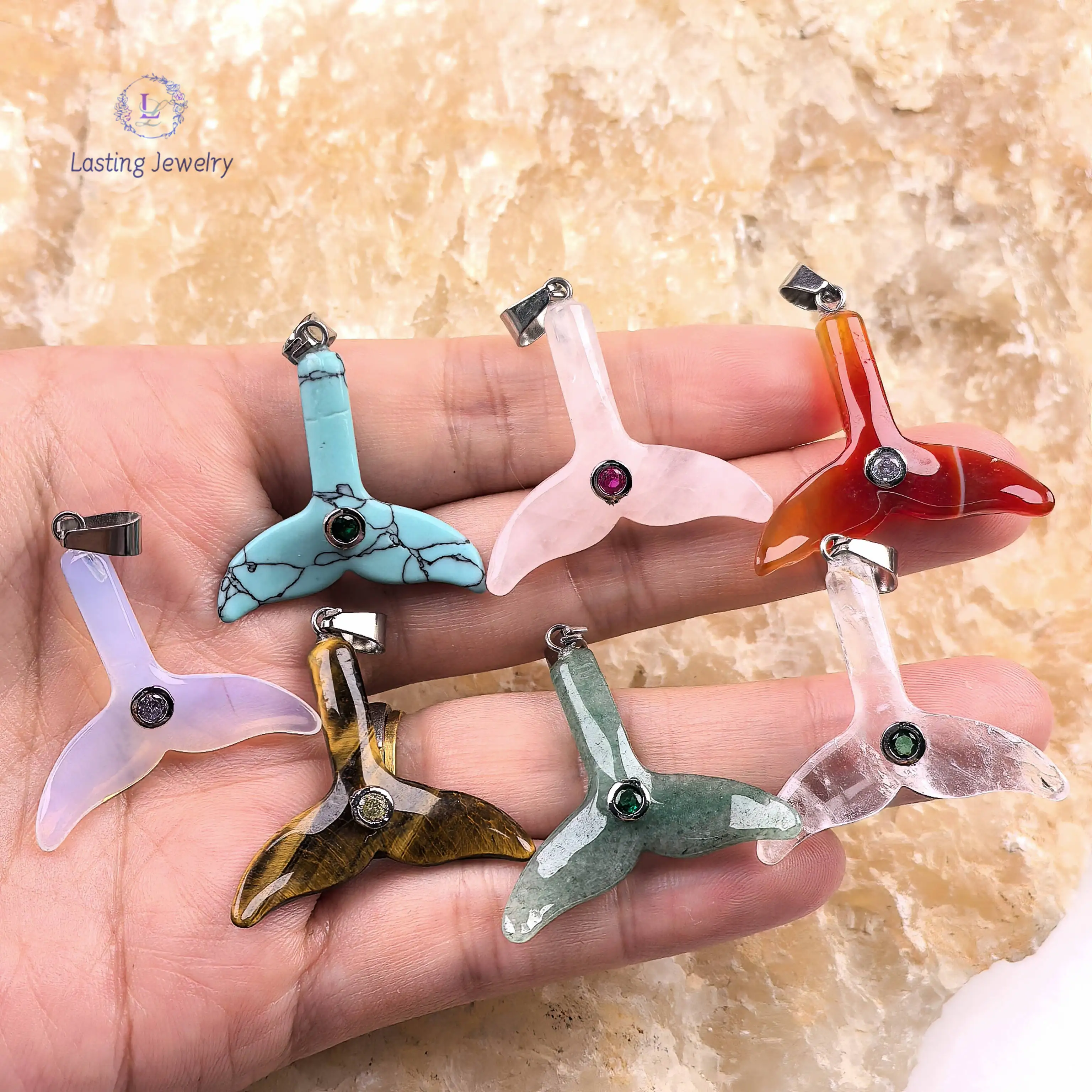 

Carved Mermaid Tail Gemstone Pendants With Inlaid Colored Zircon Beads Charms Reiki Crystal Rose Quartz Necklace Jewelry Making