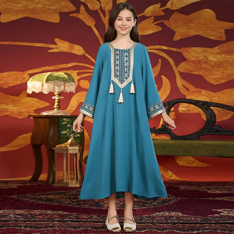 

Дубай, мусульманское детское платье макси с вышивкой для девочек, халат, молитвенный Рамадан, детская исламская одежда, Марокко, арабская Абая, Турция, кафтан