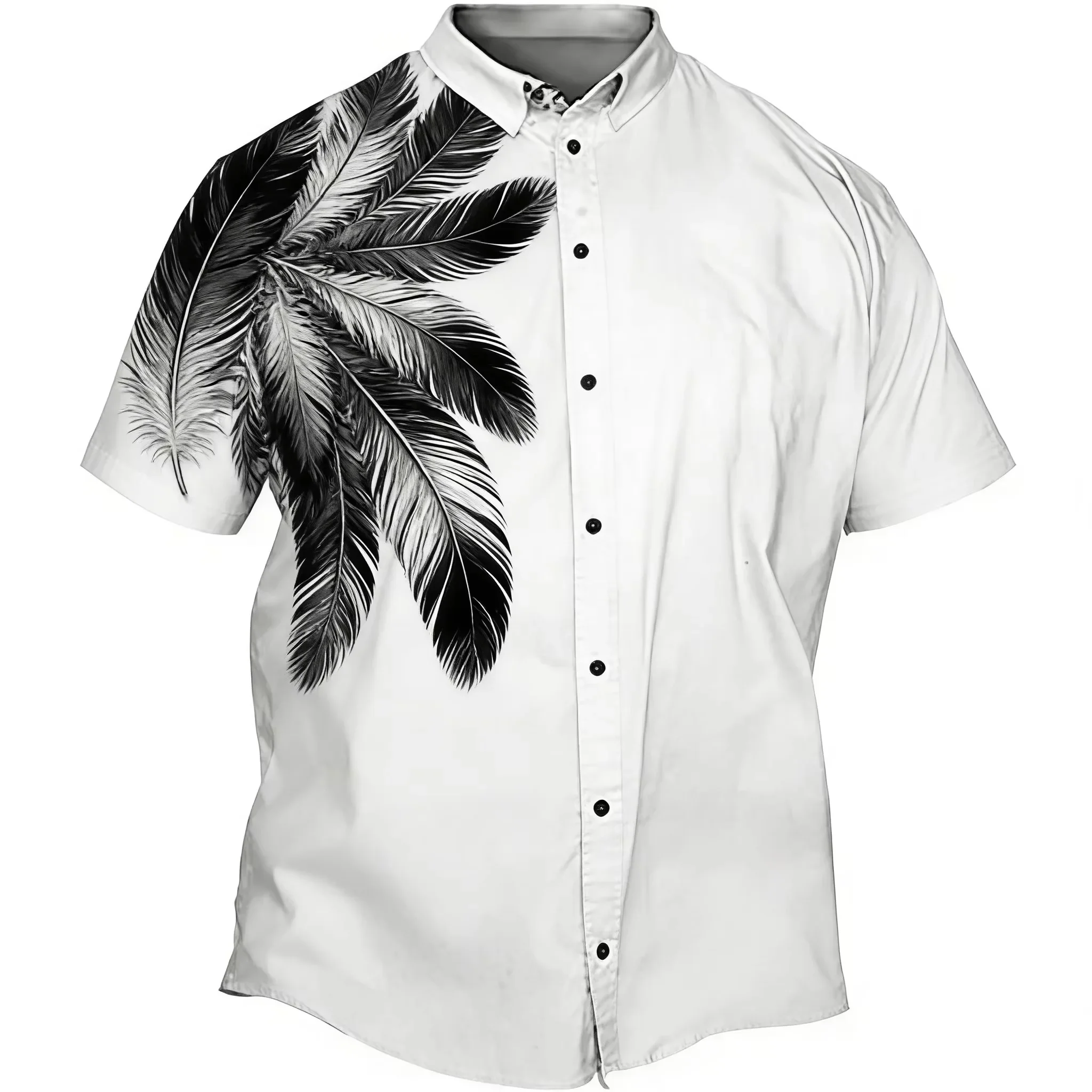 2026 Summer Men's Black and White Splicing Printed Short Sleeve Shirt Beach Casual Top Style