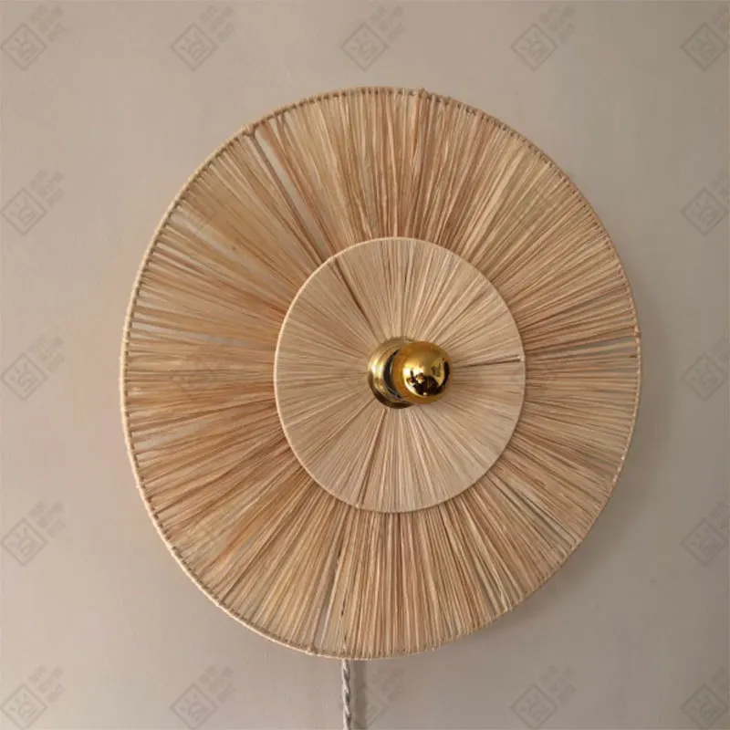 Japanese Rattan Woven Wall Lamp led circle light Antique Living Room Bedroom Background Decorative Lamps Corridor bedside lamp