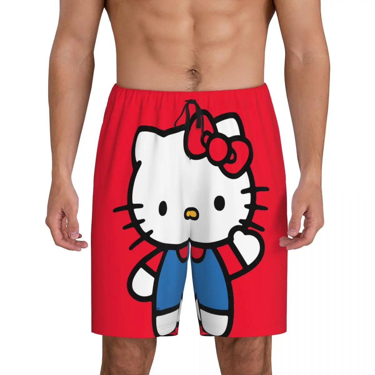 

Пижамные шорты с бантом Hello Kitty из мультфильма на заказ, Мужская одежда для сна, штаны для отдыха, эластичные шорты для сна с карманами