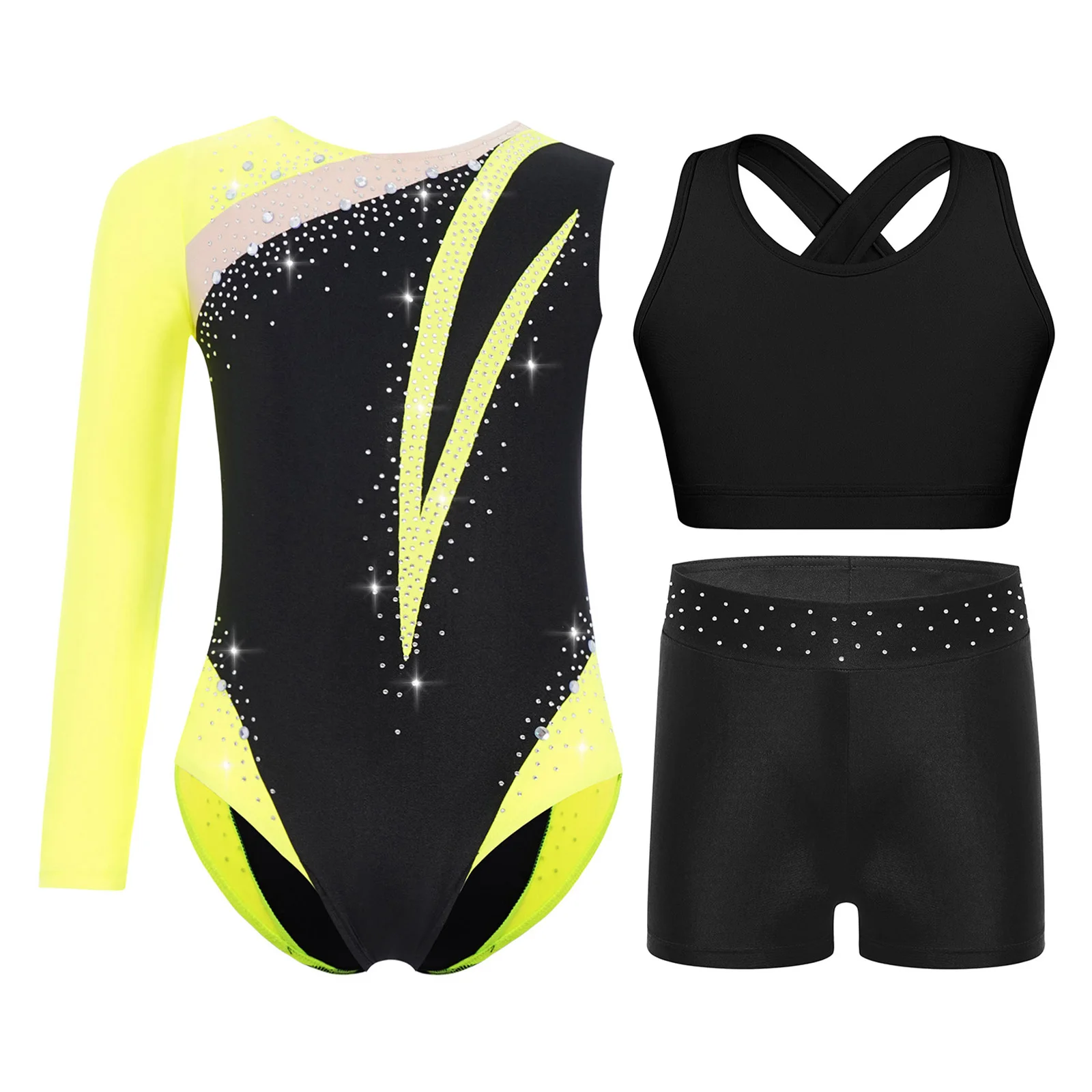 

Kids Girls Gymnastics Dance Figure Skating Outfit Round Neck Shiny Rhinestones Color Block Ballet Leotard with Vest And Shorts