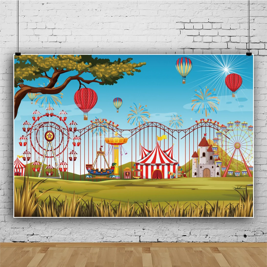 Laeacco Circus Carnival Ferris Wheel Hot Air Balloon Tent  Background Kids Birthday Baby Shower Customized Photography Backdrop