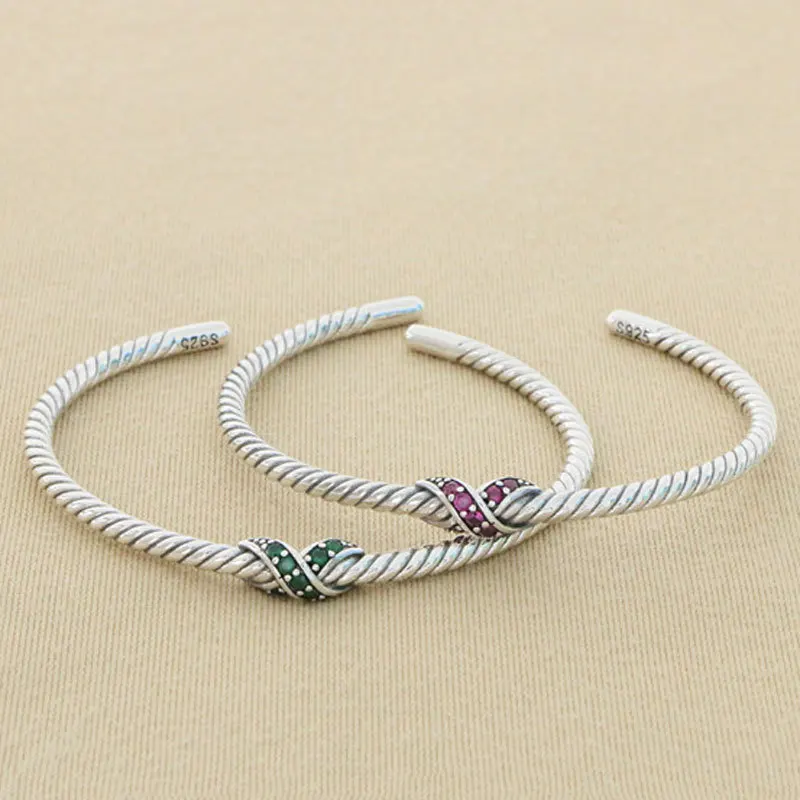 

S925 Sterling Silver Mesh Open Bracelet Vintage Thai Silver Hemp Rope Weaving Bracelet Women's Simple Personality Twisted Knot S