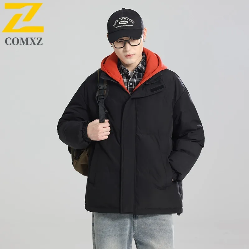 COMXZ Men Puffer Jacket Fake Two Piece Hooded Ski Street Lightweight Warm Travel Cotton-Padded Jacket Casual Snow Winter Jacket