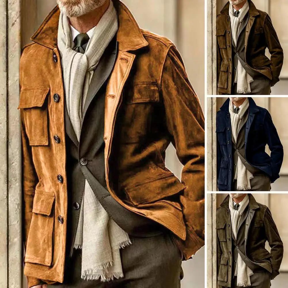 Retro Men Trench Coat Stylish Multi-pockets Fuctional Winter Jacket Solid Color Single-breasted Male Coat