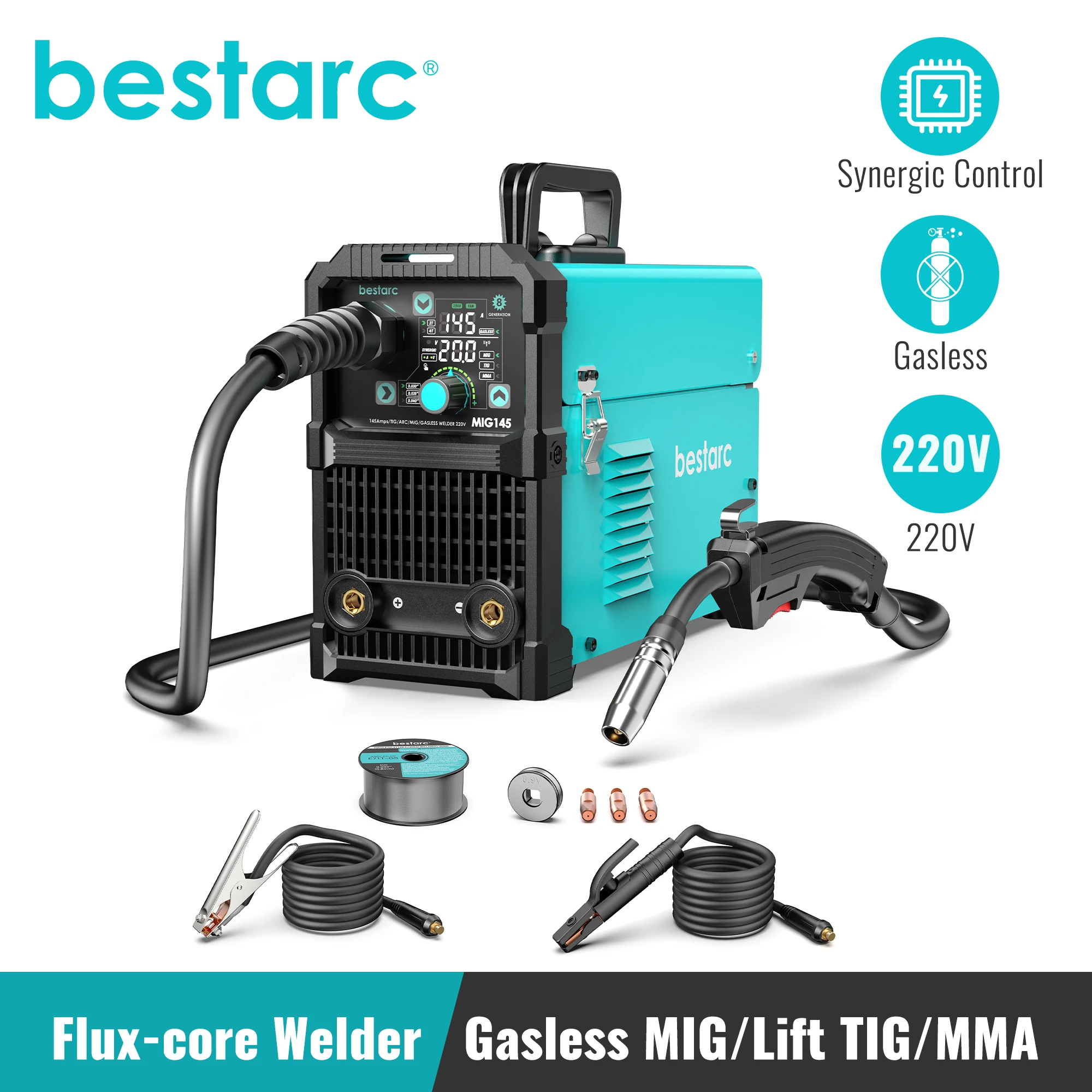 bestarc MIG Welder, MIG145 145A Gasless MIG/Lift TIG/Stick 3 in 1 MIG with Digital Screen Display,220V Single Phase Voltage