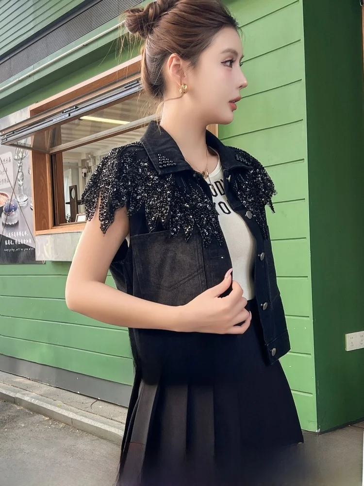 

Women's Slim Fit Short Jeans Vest Heavy Embellishment Tassel Bright Sequins Commute Style Fashionable Breathable Outerwear