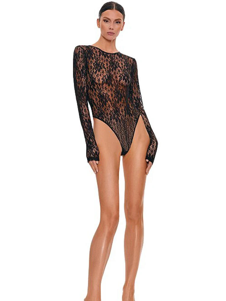 

Solid Lace Bodysuits For Women Fashion Sexy Club Long Sleeves O-Neck Slim Fit See Through Streetwear Rompers Female Skinny Sheer