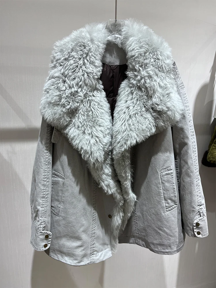 Winter Real Natural Fox Sheep Lamb Fur Collar Thick Warm Goose Down Coats Coat For Women Female Luxury Outwear Puffer Jacket