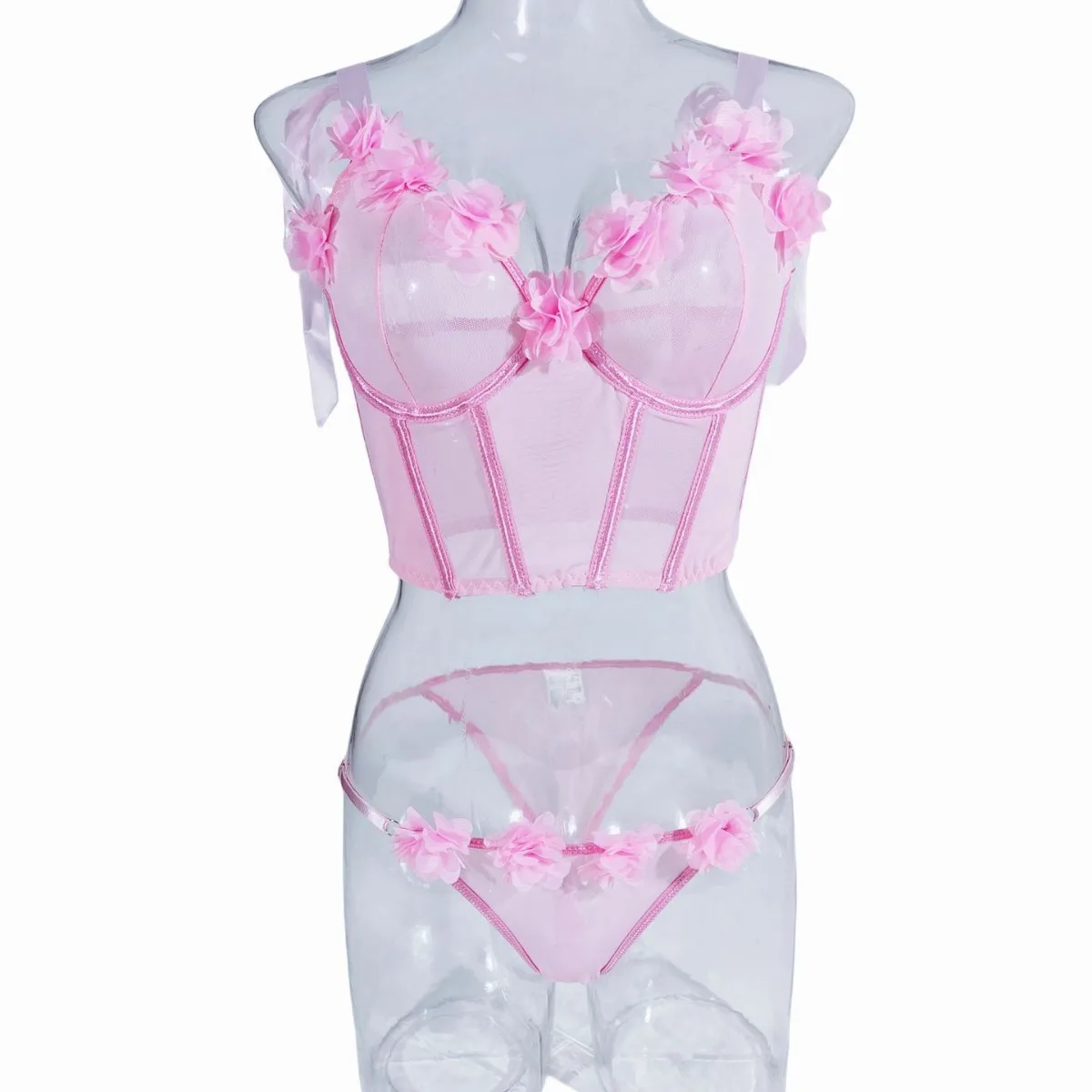 Beautiful Butterfly Bow Shoulder Strap Gather Lingerie Set Women\'s Sweet Pink Perspective Underwear Female See Through Two Piece