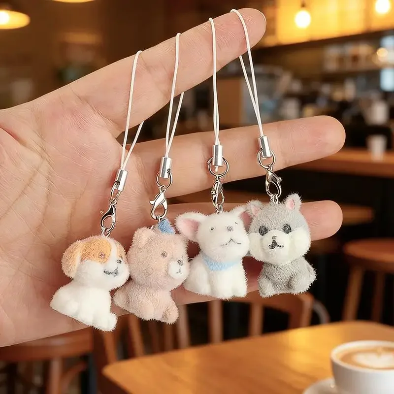 2Pcs Flocking Resin Dog Keychains Bag Pendant Cartoon Animal Mobile Phone Lanyard Accessories Hanging Decoration