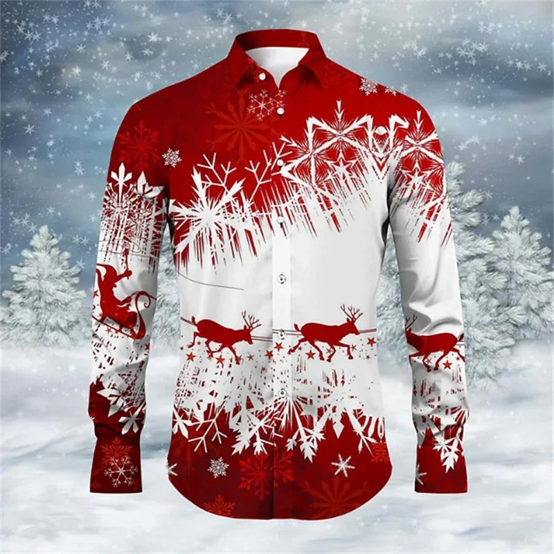 2024 Fashionable Men\'s Shirt Lapel Long Sleeve Elk Fireworks Colorful Clear Pattern Soft and Comfortable Men\'s Tops Plus Size