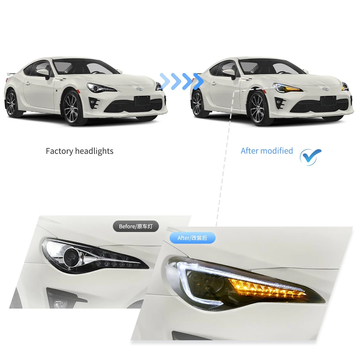 Image of 2 Stück E‑Mark LED-Scheinwerfer-Set für Toyota 86, Subaru BRZ, Scion FRS 2012-2021, zugelassene Frontscheinwerfer, Dual-Beam-Projektor, DRL, dynamischer sequenzieller gelber Blinker, LHD,