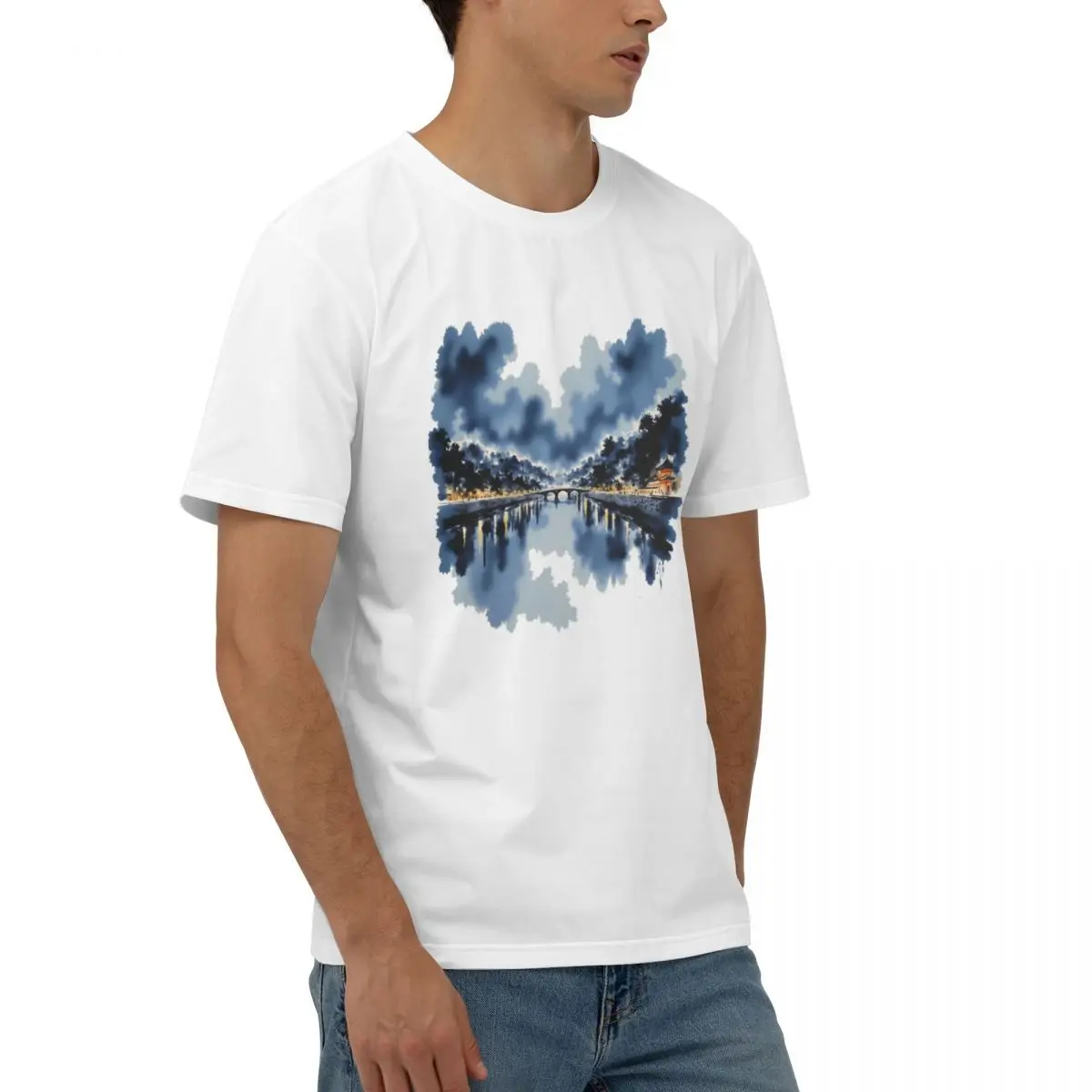 Combed Cotton T-shirt Modern Minimalist Seoul Han River Trendy Art Creative Reflection Of City Lights On Water Contemporary Tops