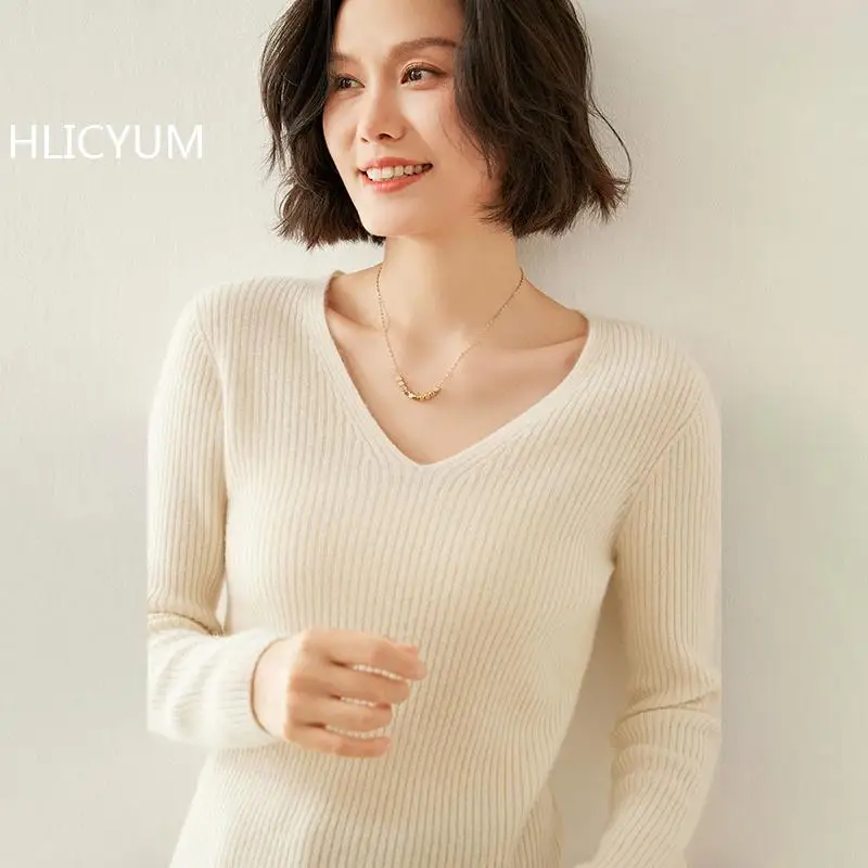 

Womens 100% Cashmere Sweaters Spring Autumn V-neck Knitted Pullovers Slim Fit Bottoming Shirt Cashmere Jumper Solid Blouse HOT