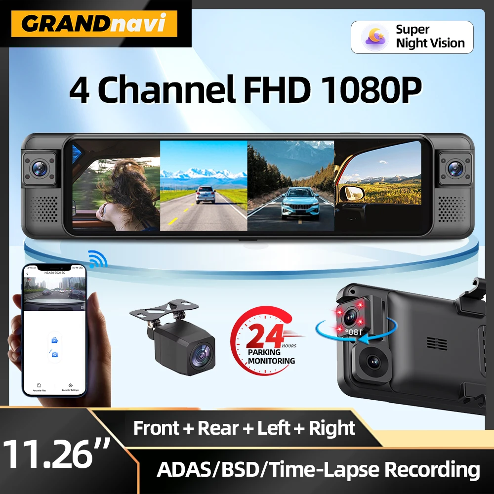 10,26 Zoll Auto DVR 4 Kanal 4K vorne 1080P hinten innen 180 °   Dash Cam 24H Parkmonitor ADAS BSD Blind Spot WiFi Nachtsicht