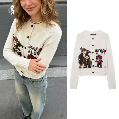 Women's Home Alone Knitted Cardigan - White Button-Up Sweater with Movie Character Print, Funny Christmas Outerwear