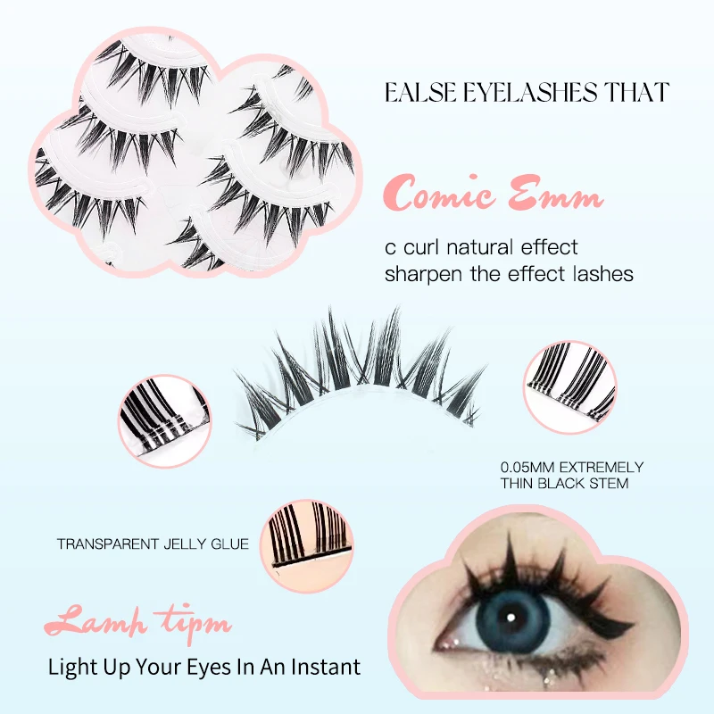 5 Pairs Manga False Eyelashes Wispy Soft Cluster Lashes Natural Thick Eyelashes with Clear Band Korean Style Anime Makeups