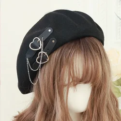 Japanese Beret Harajuku Y2 Fashion Lolita Hat JK Hat Girl Beret Cute PU Chain Heart Love Wool Kawaii Women Hat Accessories