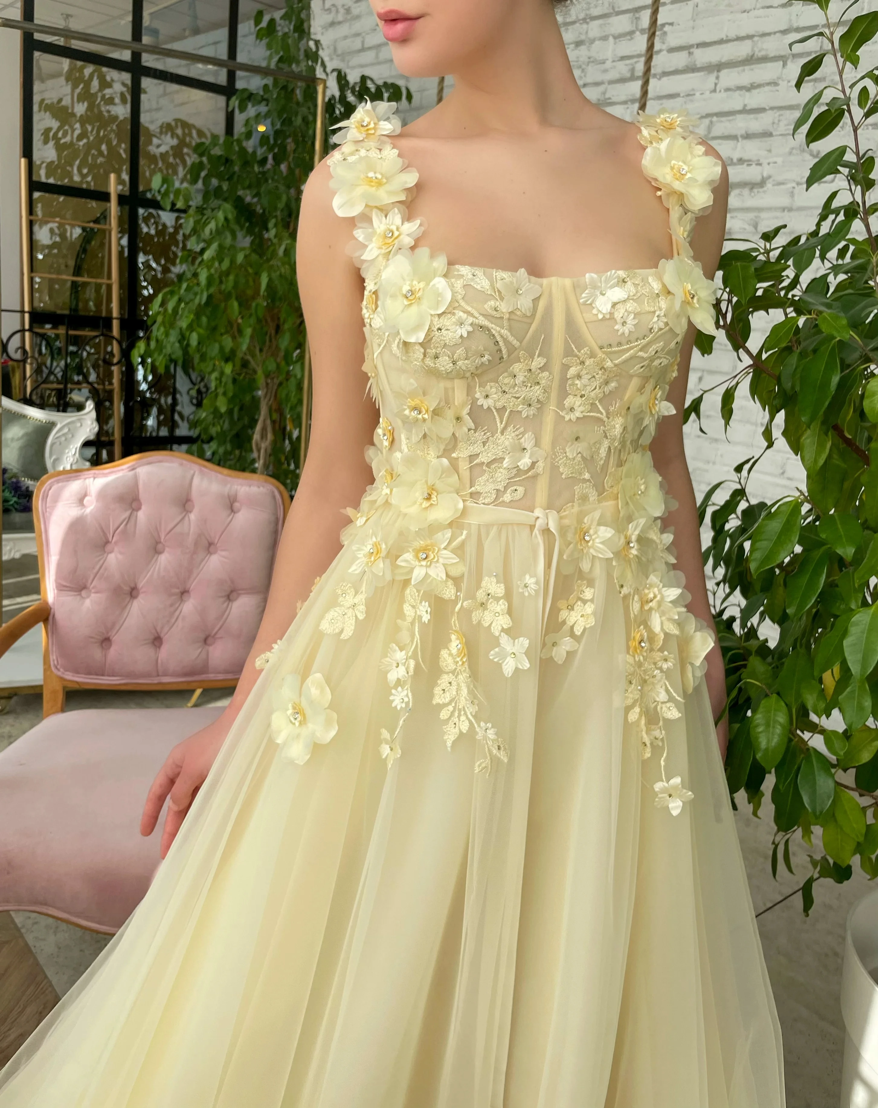 Robe de soirée en Tulle jaune, ligne a, bretelles Spaghetti, fleurs perlées, longue, turquie, dubaï, arabie saoudite, robes de bal