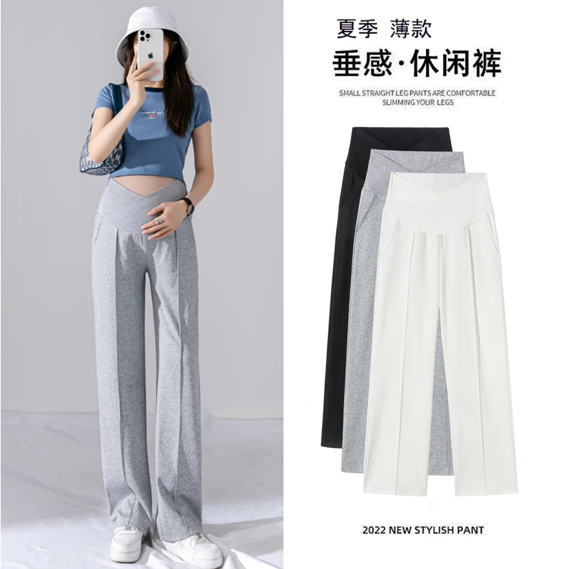 Summer Thin Cool Cotton Maternity Straight Pants Low Waist U Belly Clothes for Pregnant Women Wide Leg Loose Pregnancy Trousers