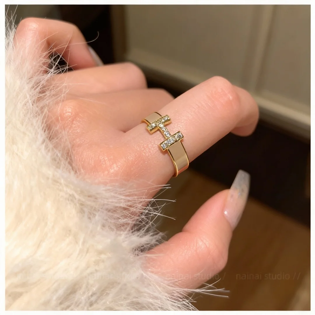Anillo con inicial H minimalista francés de alta gama, anillo ajustable abierto de circón esmaltado para mujer, joyería única delicada, regalo para ella diaria