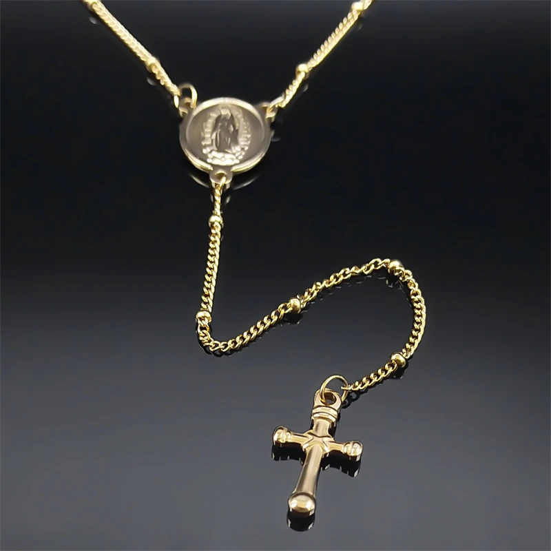 Virgin Mary Guadalupe Jesus Cross Necklace for Women Men Stainless Steel Gold Color Christian Rosary Long Chain Jewelry