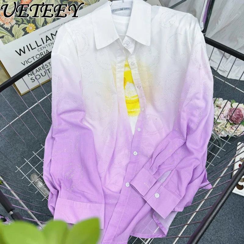 Spring Summer 2024 New Hot Drilling Tie-Dyed Gradient Color Blouse Women Thin Shirts Sweet Candy Color Top Sun Protection Shirt