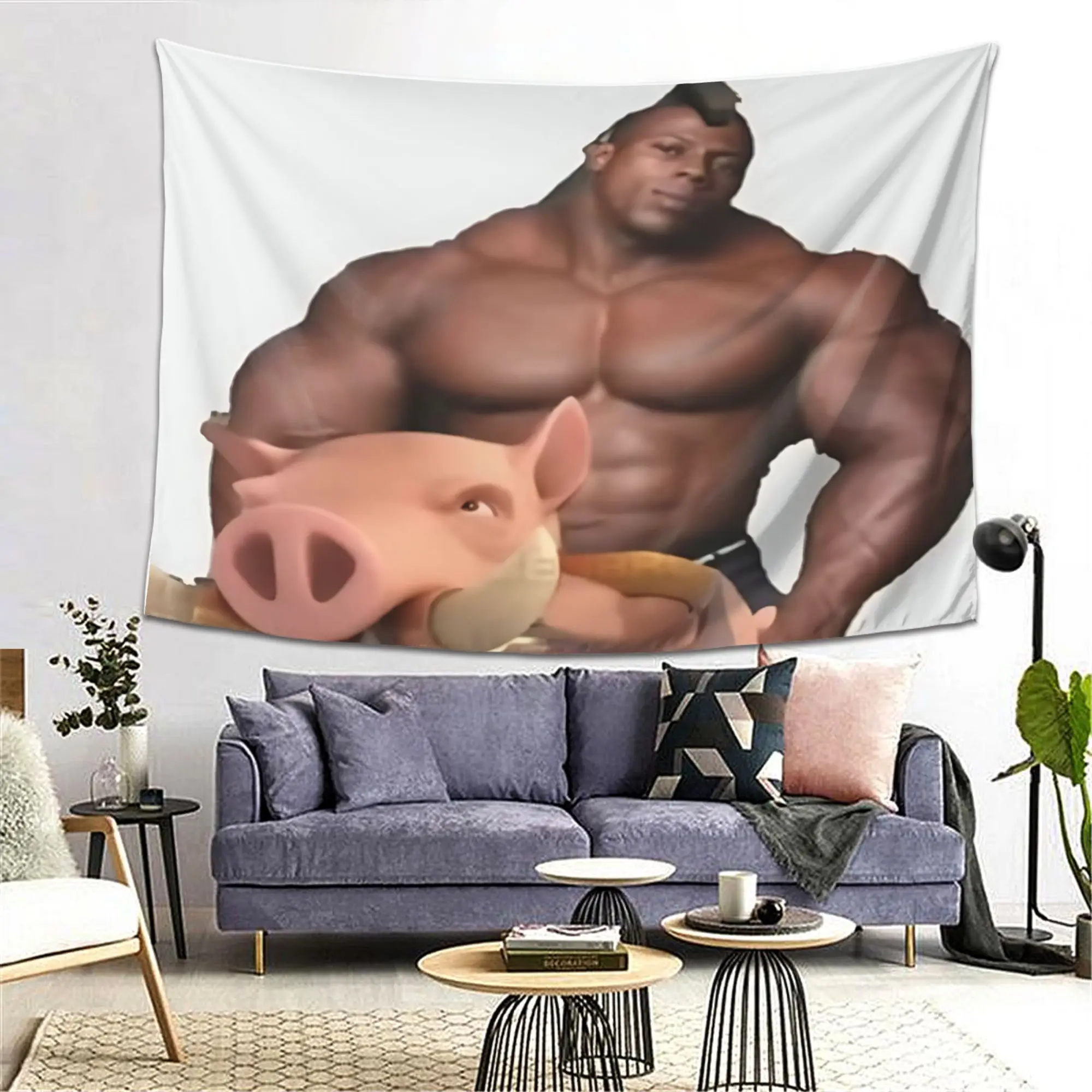 VIKAMA Strong Men Cute Pet Contrast Tapestry Muscular Men and Pink Cute Pigs Gym Game Anchor Room Personalized Room Decoration