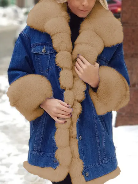 2023ผู้หญิงฤดูหนาว Faux Fur Hooded สุภาพสตรี Warm Thicken DENIM ปุ่ม Outwear ผู้หญิงแฟชั่นแบบลำลอง Overcoat