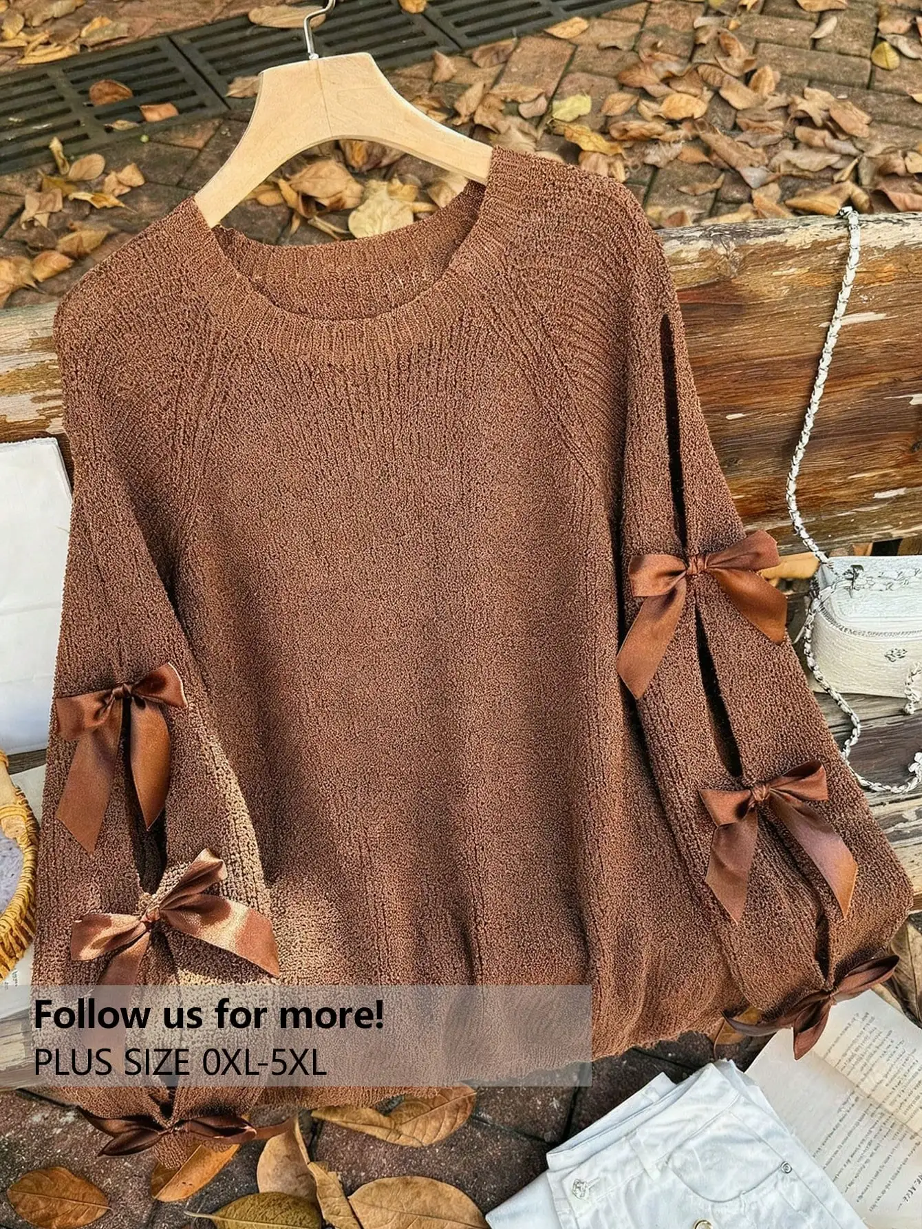 

Plus Size Loose Knit Sweater with Bow Knot Sleeves, Fall Winter Pullover in Brown
