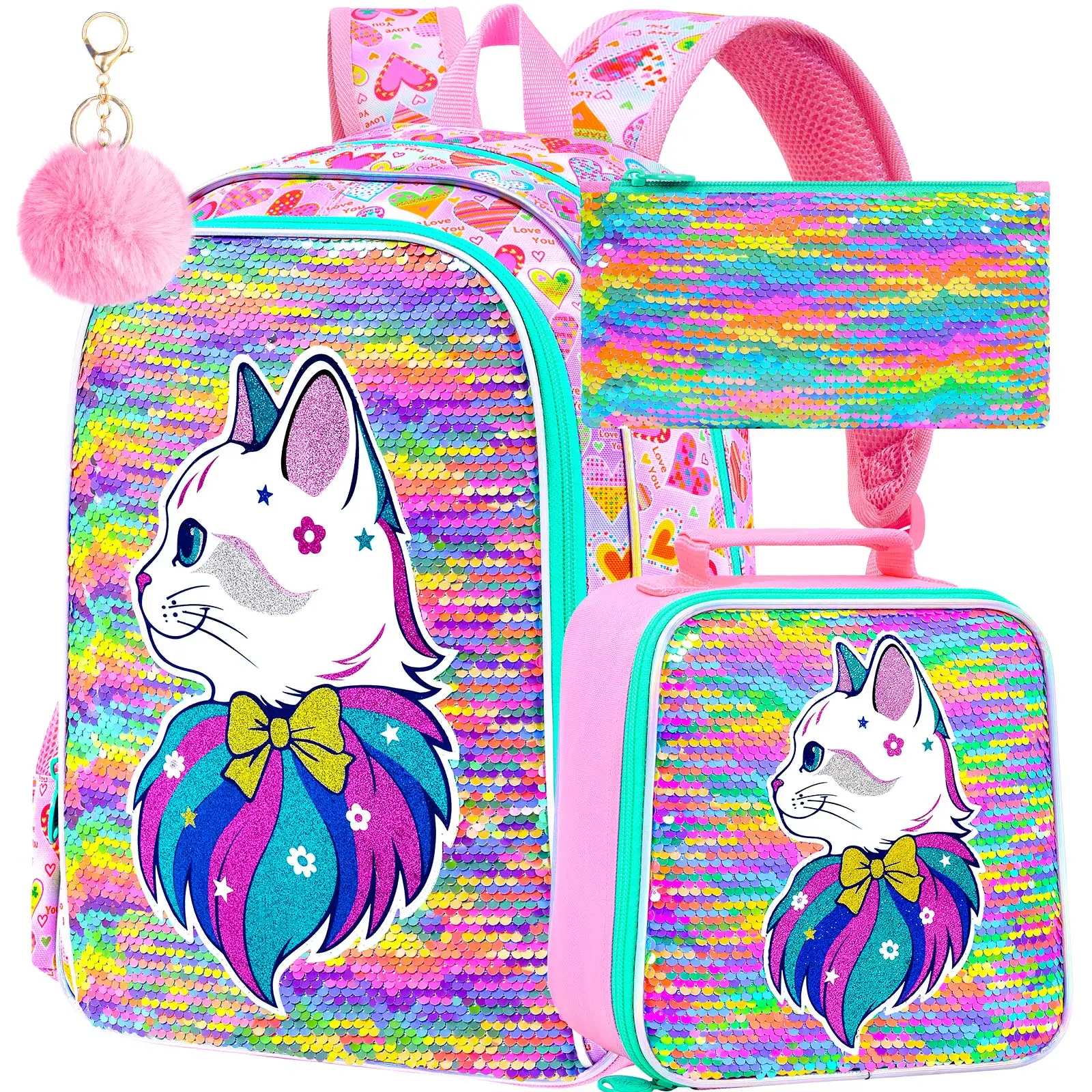 

Girls Cat Sequin Backpack Set - 3PCS Rainbow Glitter School Bag with Lunch Box & Pencil Case for Kids