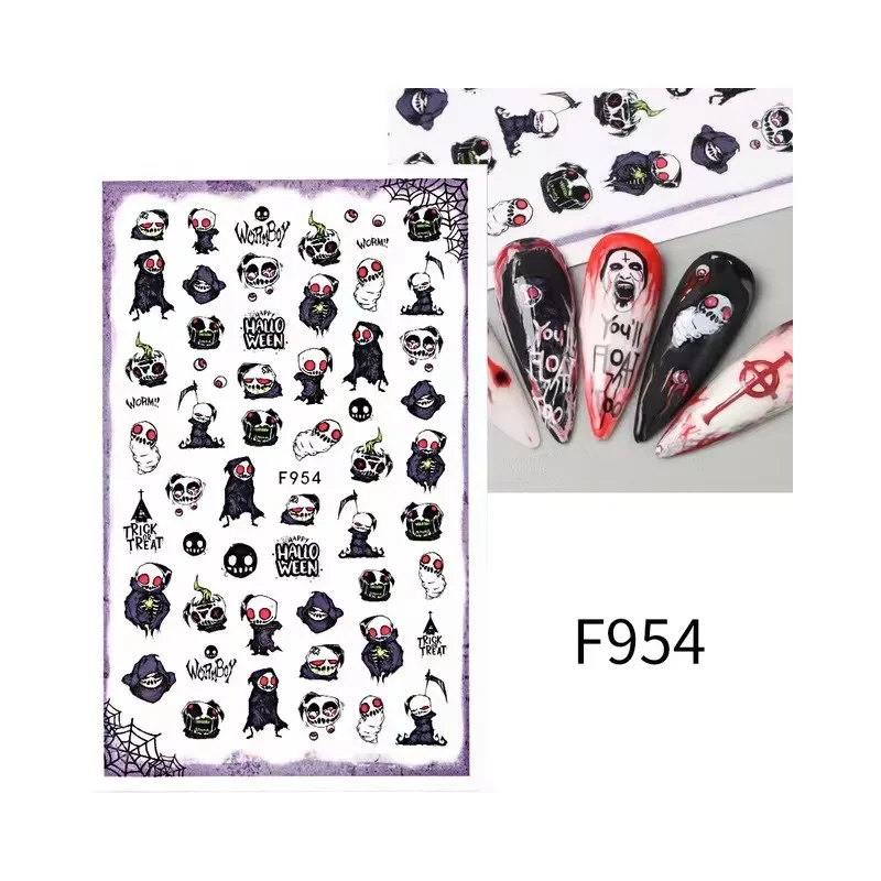 Autocollants pour ongles Halloween, dessin animé, chat, décalcomanie, Y2K, crâne, chauve-souris, Aliments, fournitures pour manucure festive, nouveau, 2024