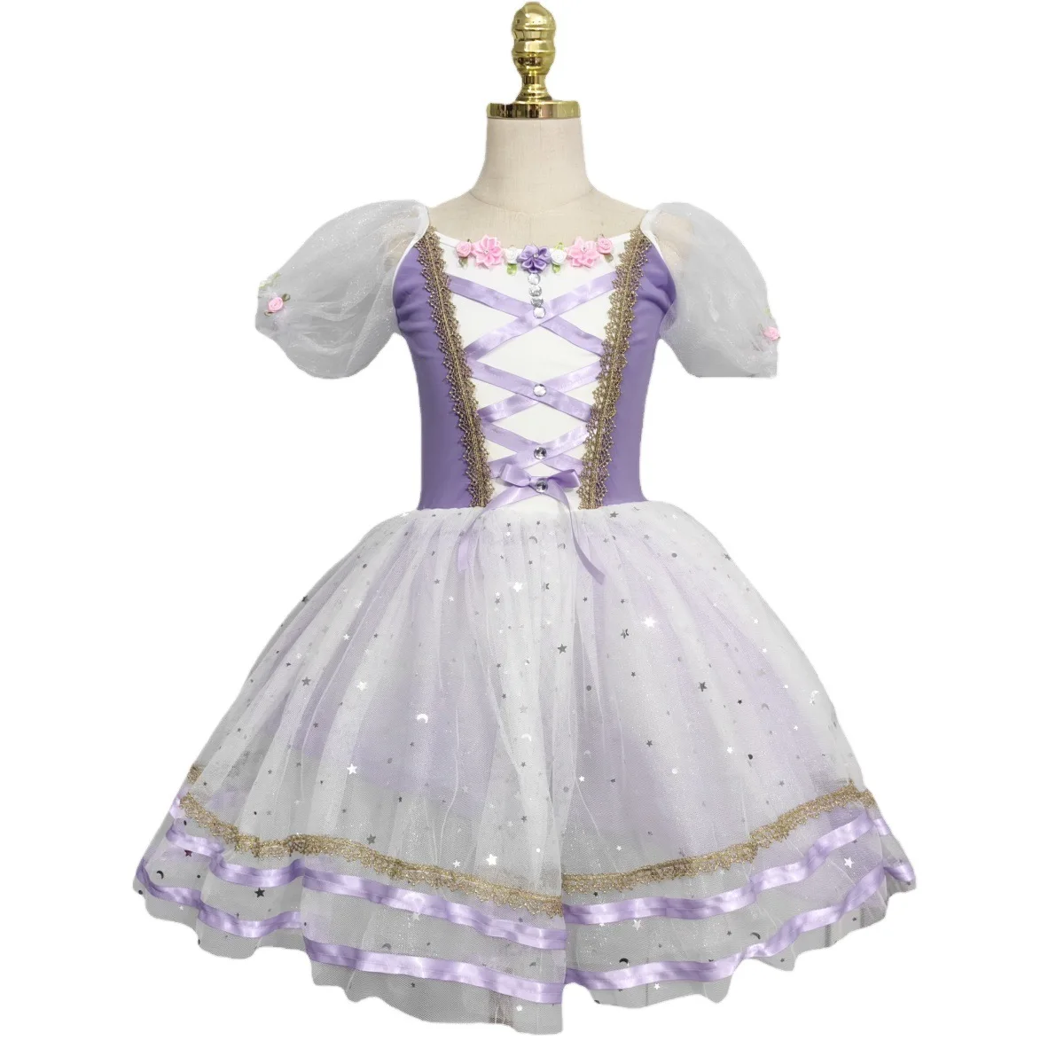 

Children girl long Ballet dress Purple floewer Princess silk ribbon Performance Giselle stage dancing dress costumes Puffy Skirt