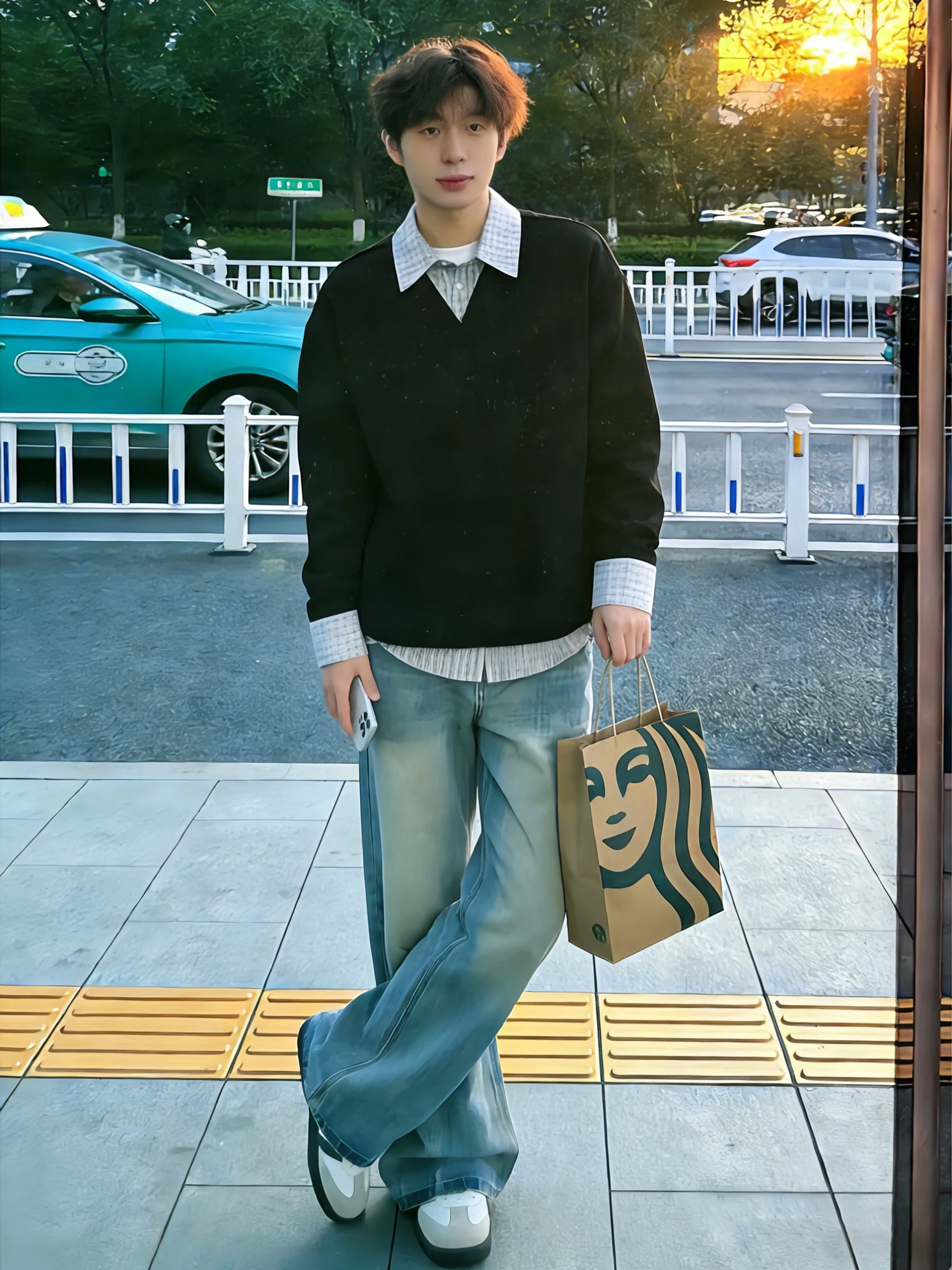 

Light Blue High Waist Slimming Straight Leg Jeans Men's Spring Autumn Bell Bot Enhanced Lengthening Leg Effect Jeans