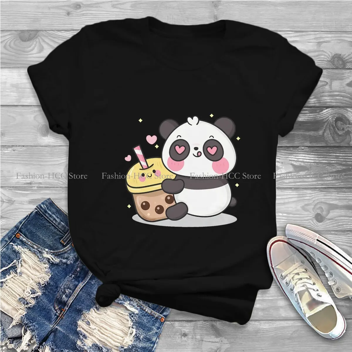 Milk Tea Fashion Polyester TShirts Cute Panda Animal Female Style Tops T Shirt Round Neck