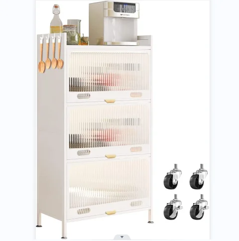 

Modern Wooden White Kitchen Cabinet With 4 Tires And 4 Hooks For Dining Room And Living Room