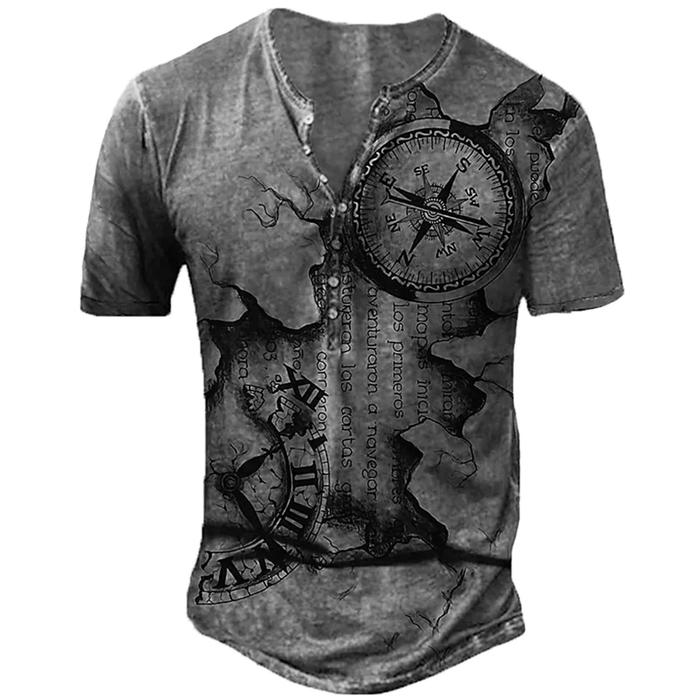 

Vintage Navigation Compass T-shirts Man Short Sleeve V-neck Tee Shirt Thick Cotton Button Henley for Men Oversized Streetwear