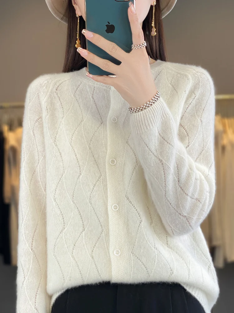 New Women 100% Merino Wool O-Neck Buttoned Cardigan Spring Autumn Cashmere Sweater Quality Soft Knitwear Casual Tops Clothing